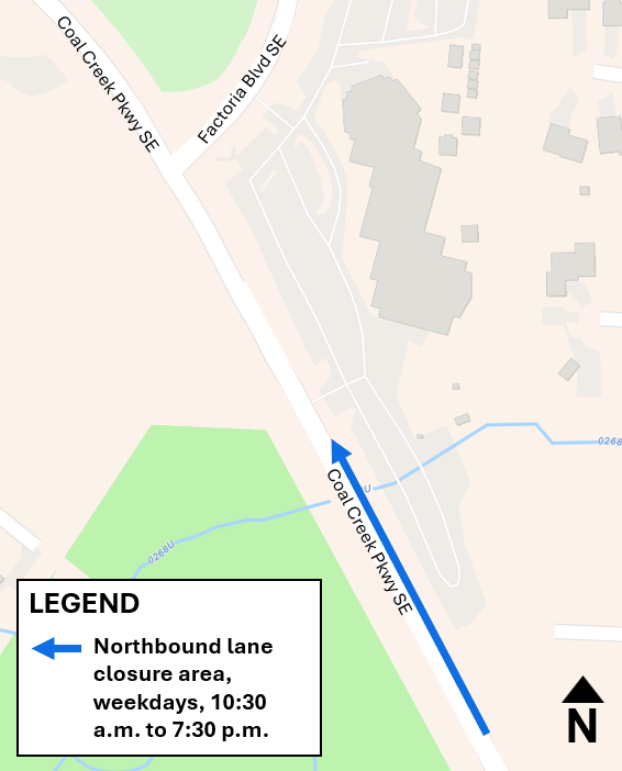 Northbound single-lane closure south of the Coal Creek Parkway SE and Factoria Boulevard SE intersection.