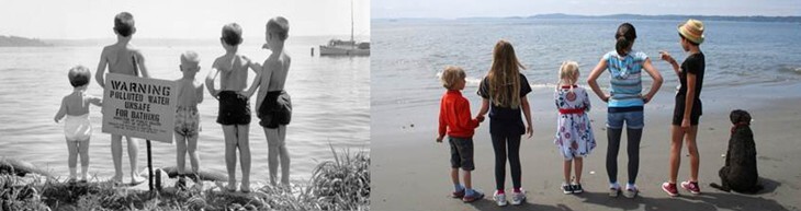 A black and white photo of children looking at a polluted lake - a photo of 5 modern children standing by a clean lake