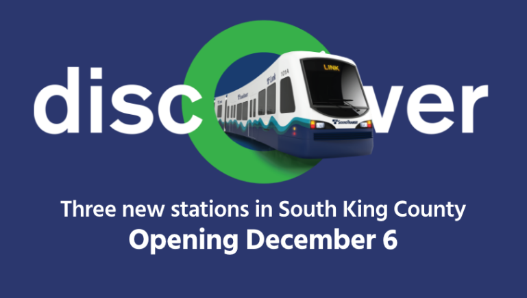 A light rail train against a blue background announcing Federal Way station openings