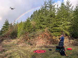 Photo of person flying a drone in front of a rainbow