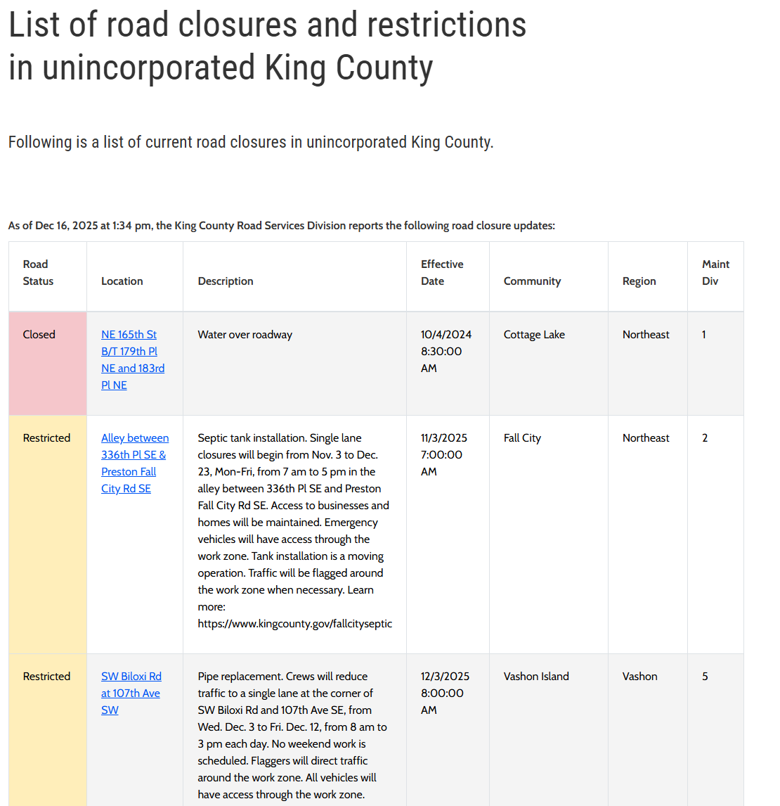Road Closures landing page