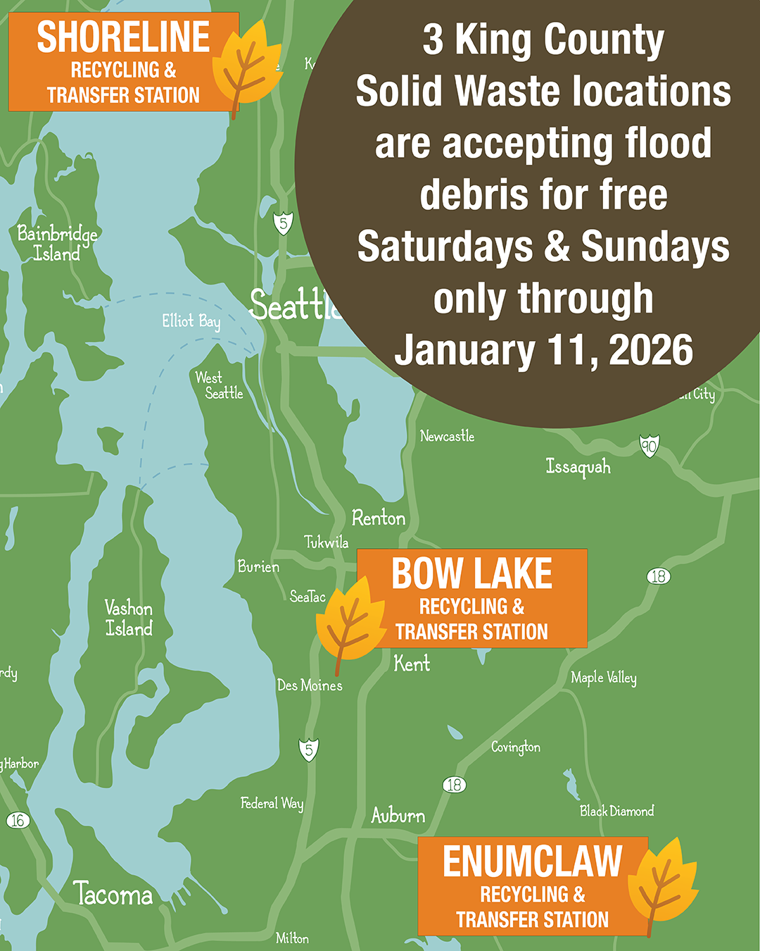 Map of puget sound region with leaf-shaped pinpoints on three locations with names of station accepting free debris