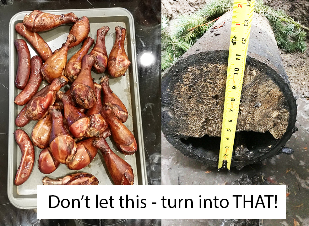 Side by side images of greasy food and a clogged pipe.