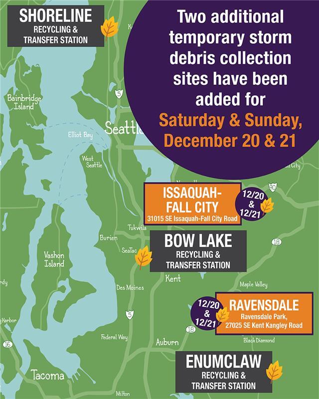 Map of Puget Sound region with drop pins at locations accepting storm debris