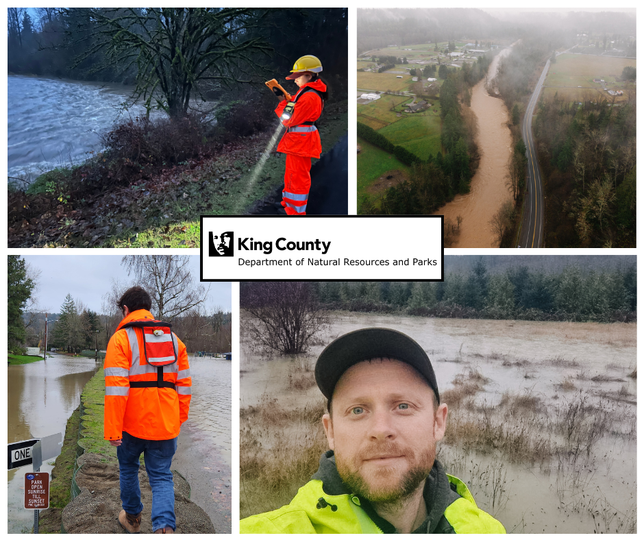 King County flood response. 4 photos, flood patrol an aerial view of flooding,  operator selfie, levee monitoring. 
