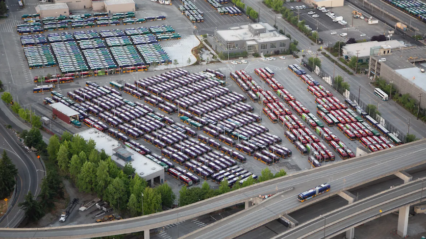 Aerial photo overhead of Atlantic Base with all the buses parked 