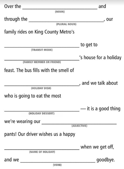 Image of a Metro themed Mad Lib game
