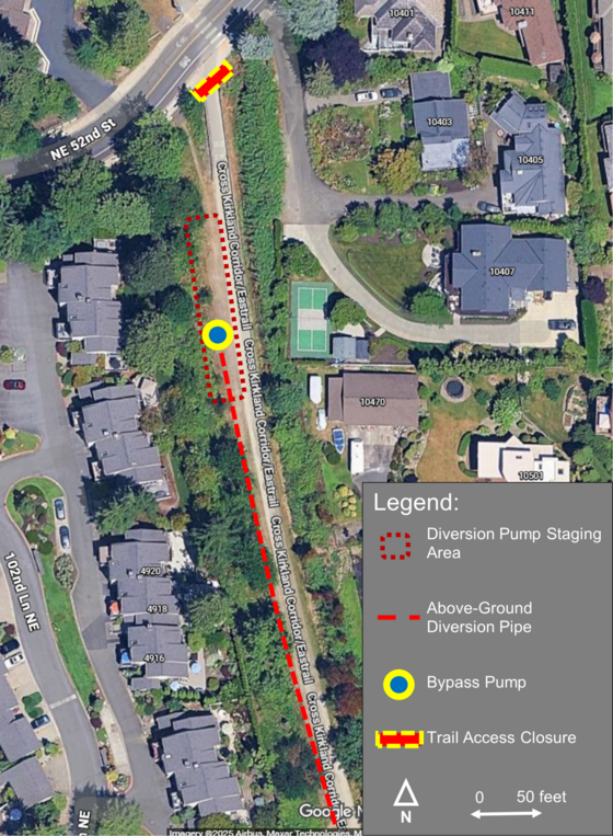 Map of the diversion pump at the Cross Kirkland Corridor Trail and NE 52nd Street showing the start of the diversion.