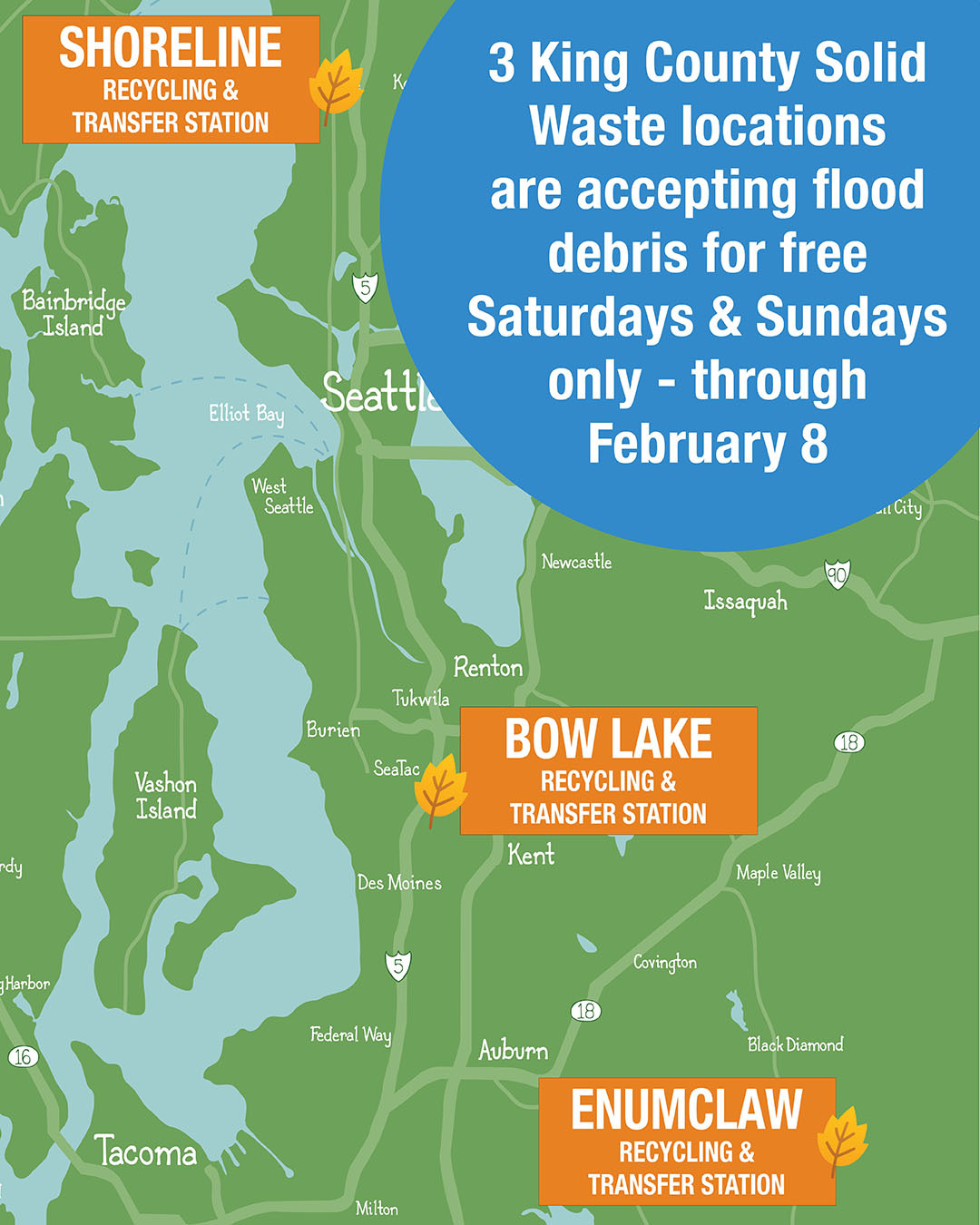 Map of King County solid waste service area with highlights on stations accepting free debris