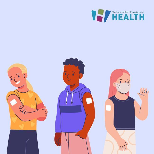 Three cartoon people with bandaids on their arms after vaccination against a purple background