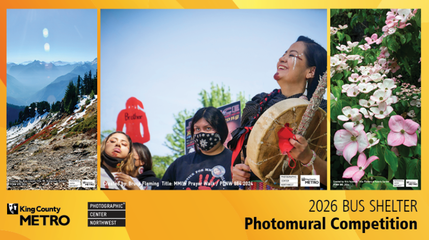 3 pictures (mountains, native Americans, dogwood flowers) featured in text: 2026 bus shelter photomural competion metro logo