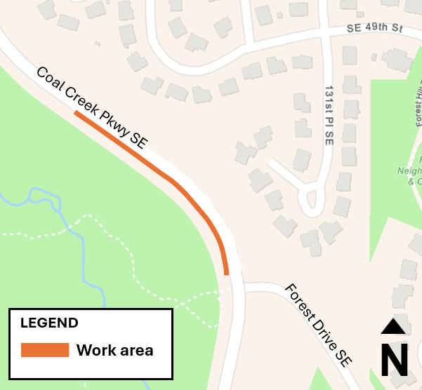 Map showing work area 5 and 6 boundary north of Coal Creek Parkway SE and Forest Drive SE intersection