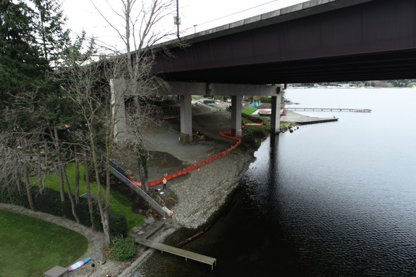 Photo of the Enatai Beach Park shoreline under the I-90 Bridge.