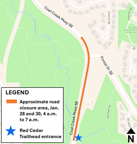 Map of coal creek parkway with orange line showing closure area