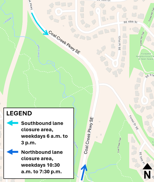 Map with blue arrows showing single lane closure areas on Coal Creek Parkway