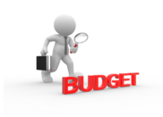 A 3D white figure in a suit, holding a briefcase and a magnifying glass, examining the word BUDGET in red 3D letters.