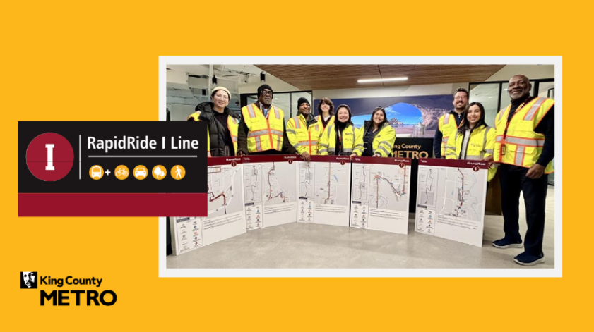 yellow background text: "I RapidRide I Line" picture of metro employees with maps of I Line 