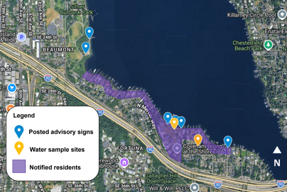 Map of area of overflow with posted advisory signs, sample sites, and notified residents