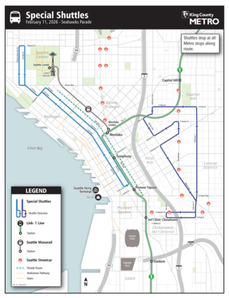 Map of Special Shuttles for the February 11 Seahawks Parade