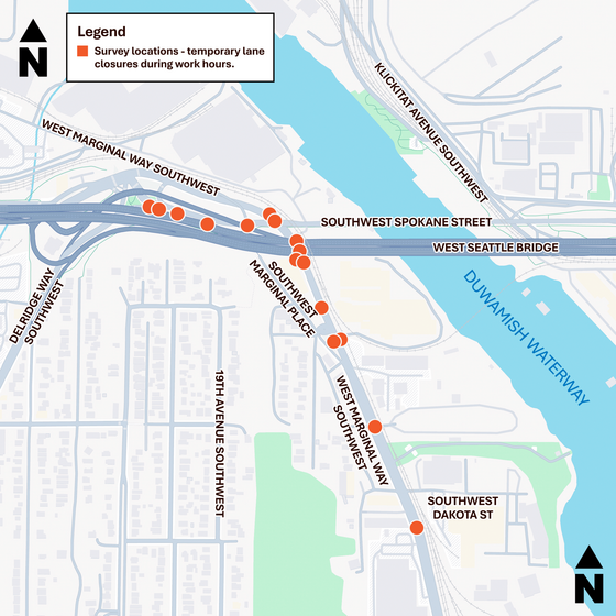Aerial map of North Delridge with symbols showing survey locations and temporary lane closures during work hours