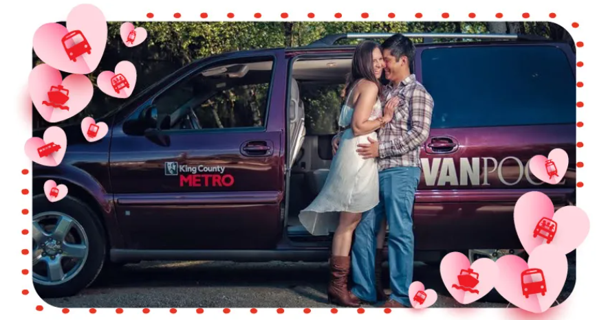 Image of a couple hugging in from of a King County Metro Vanpool surrounded by hearts