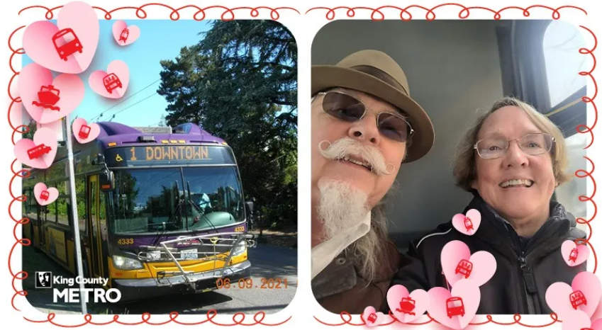 two pictures one of a route one bus and then a selfie of a couple on the bus surrounded by hearts