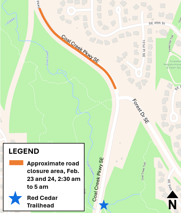 Road closure area north of the Forest Drive SE and Coal Creek Parkway SE intersection