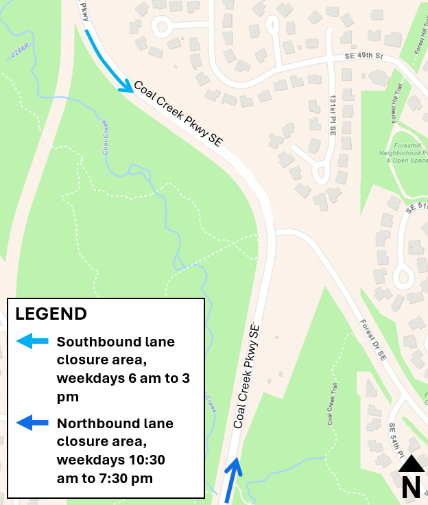 Weekday southbound and northbound single-lane closures on Coal Creek Parkway SE near Coal Creek Parkway SE and Forest Drive SE intersection.
