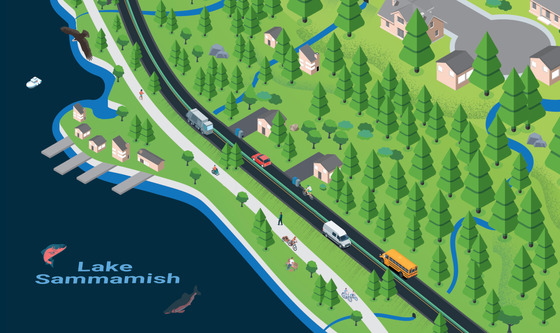 Illustration of a neighborhood along Lake Sammamish with homes, trees, streams, roads, vehicles, cyclists, and people walking by the water.
