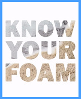 Graphic with the words “KNOW YOUR FOAM” in large bold letters filled with a water and sand texture.