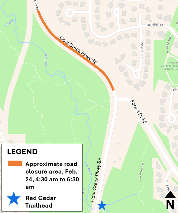 Full road closure area north of the Forest Drive SE and Coal Creek Parkway SE intersection