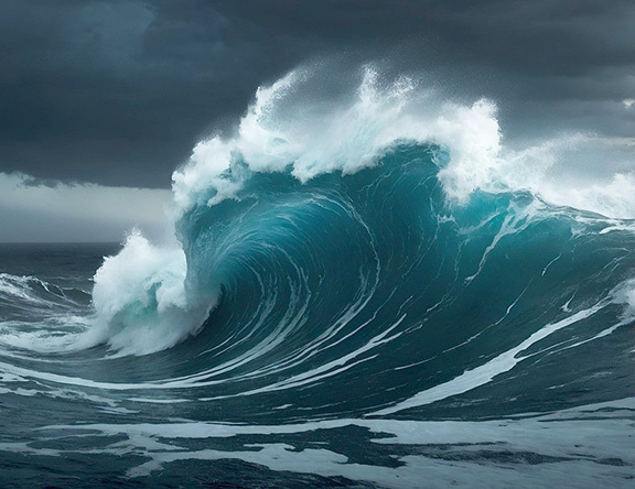 Blue wave under dark clouds