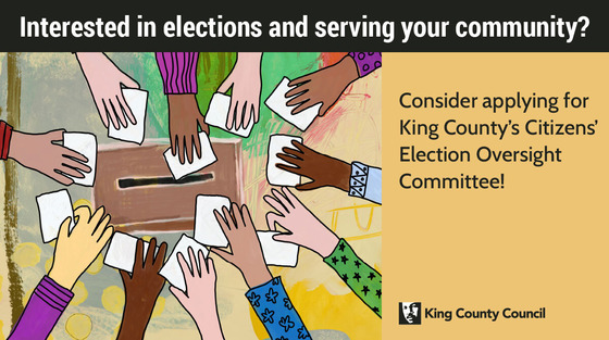 An infographic saying "Interested in elections and serving your community?" with a cartoon of many hands putting ballots into a box