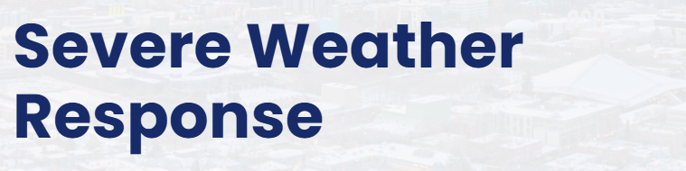 "Severe Weather Response" in blue letters on a background of a grayed-out photo of the City of Seattle