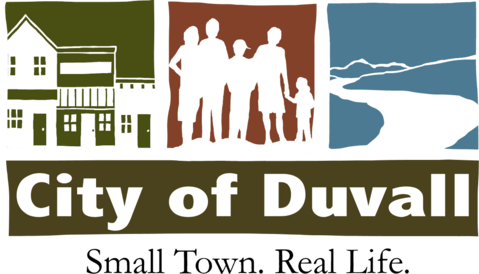 Logo with a green storefront, family of five in red, and a river in blue with the text "City of Duvall, Small Town, Real Life" below.