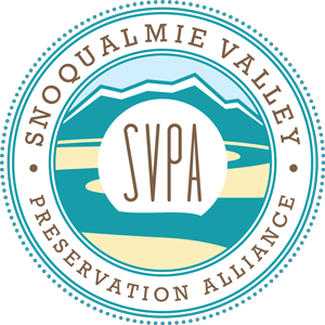 Circular logo with a teal silhouette of a mountain and river and the text "Snoqualmie Valley Preservation Alliance" and "SVPA."