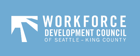 Light blue, rectangular logo with white text reading, "Workforce Development Council of Seattle-King County."