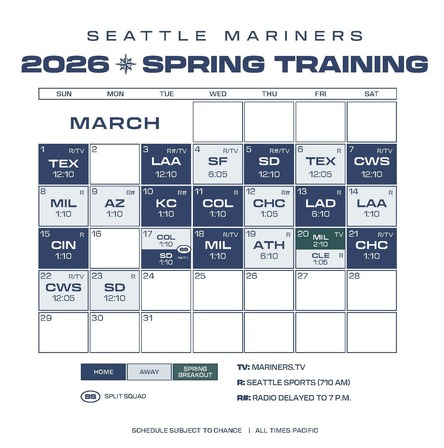 Seattle Mariners 2026 Spring Training March schedule showing games against various teams with times and broadcast information. 
