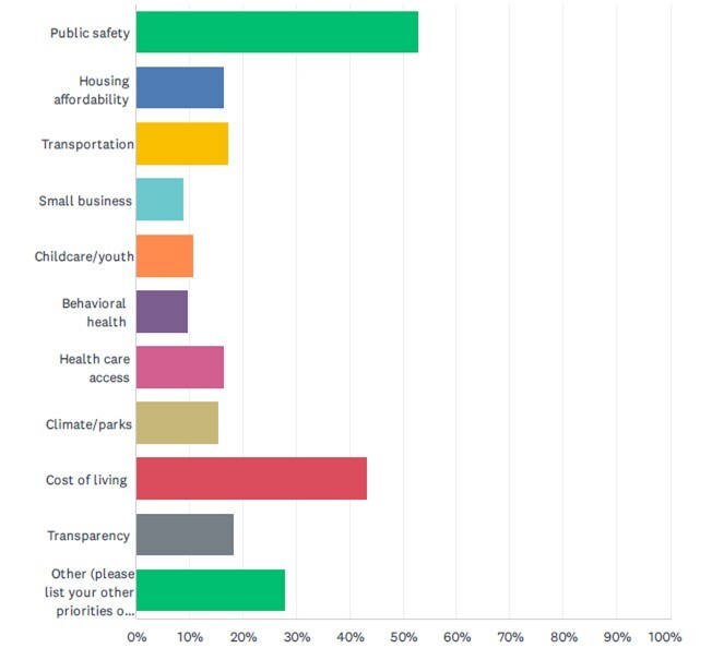A list of results form a recent survey listing Public safety, cost of living, and transportation as the most important issues