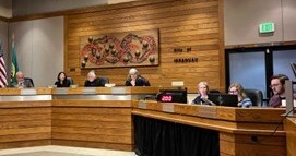 Councilmember Fain along with her colleagues on the council in a large council chamber room with a wooden wall