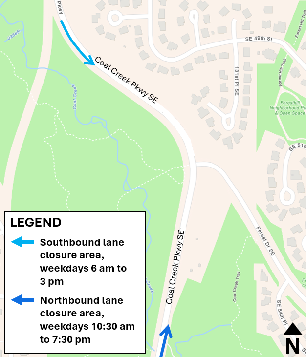 Weekday southbound and northbound single-lane closures on Coal Creek Parkway SE near Coal Creek Parkway SE and Forest Drive SE intersection.