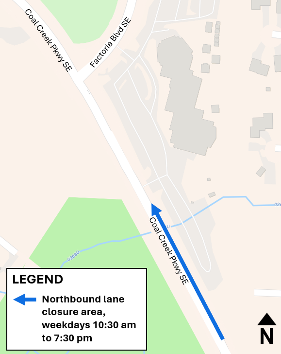 Northbound single-lane closure south of the Factoria Boulevard SE and Coal Creek Parkway SE intersection.