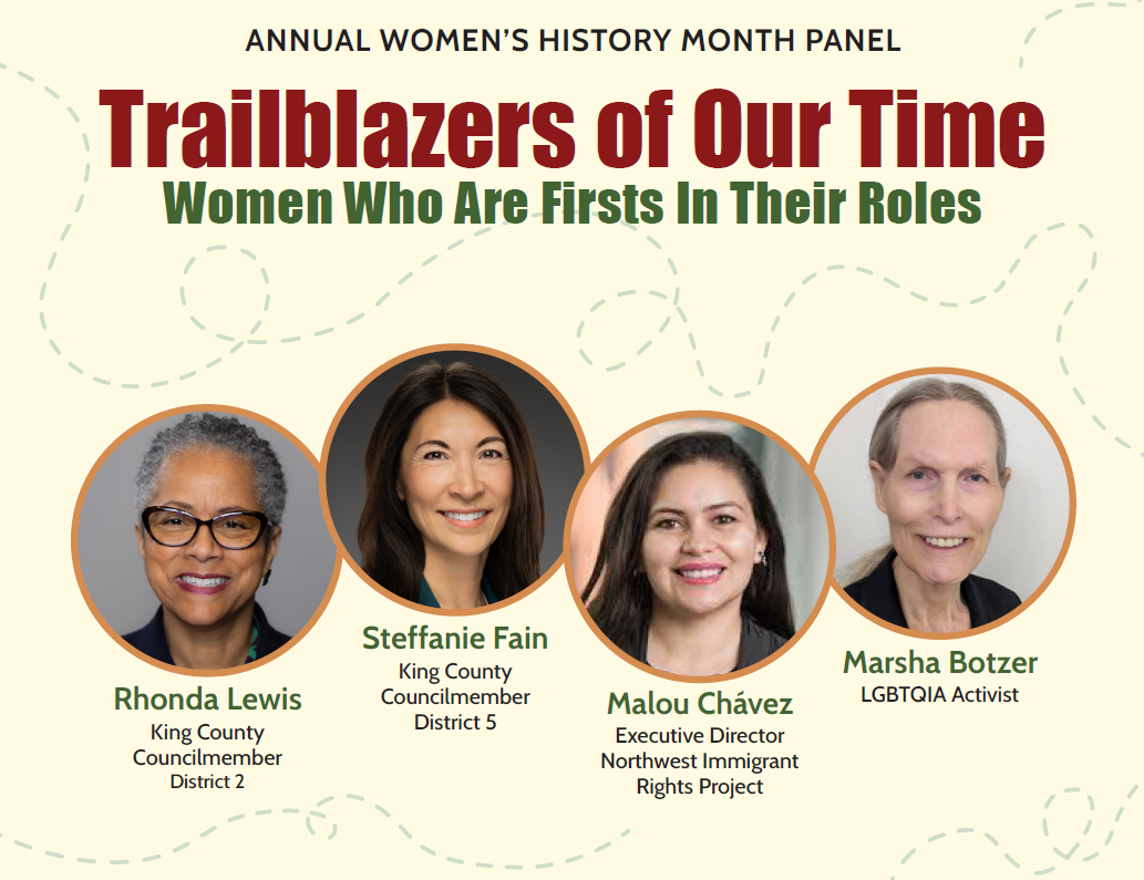 An infographic with photos of the Women's History Month panel against a yellow background