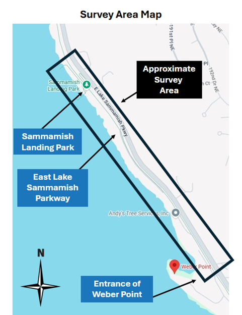 Map of survey area between Sammamish Landing Park and Weber Point on East Lake Sammamish Parkway