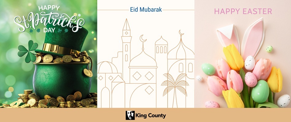 Happy St. Patrick's Day with pot of gold & leprechaun hat, Eid Mubarak with a mosque, & Happy Easter with tulips, bunny ears & Easter eggs.