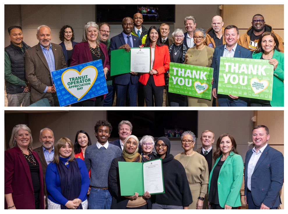 Two groups of people pose for photos, holding signs that say "Transit Operator Appreciation Day" and "Thank You."