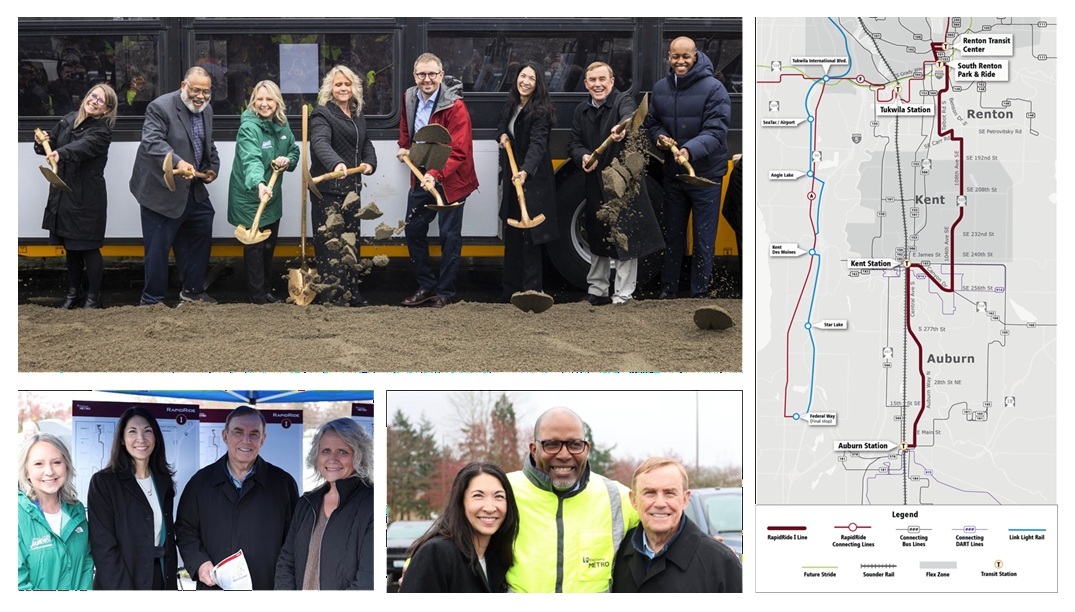 Collage of 4 images a group of people with shovels, a map of bus & light rail routes in Renton, Kent & Auburn & 2 smaller photos of groups of people.