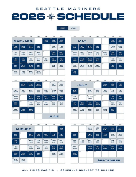 Seattle Mariners 2026 baseball schedule calendar showing games from March through September. All times in Pacific and subject to change.