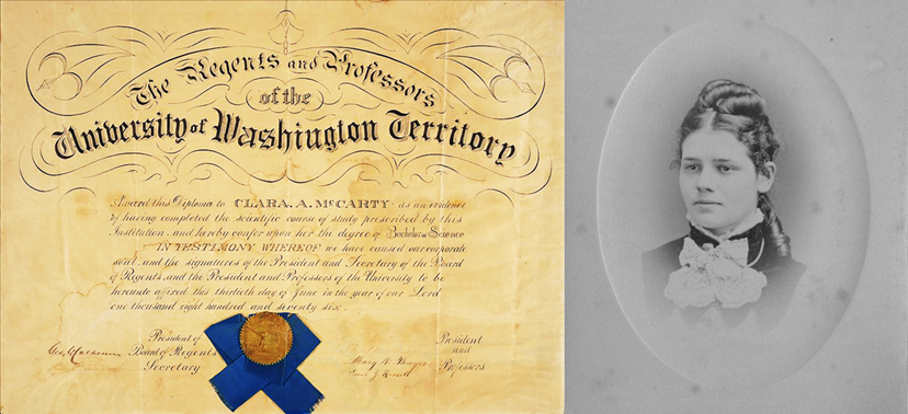 A diploma from the University of Washington Territory awarded to Clara A. McCarty, with her portrait, a young woman in Victorian attire.