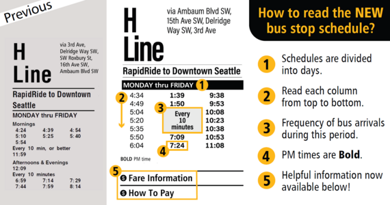 An image that breaks down how to read the new schedule with an example of the new schedule